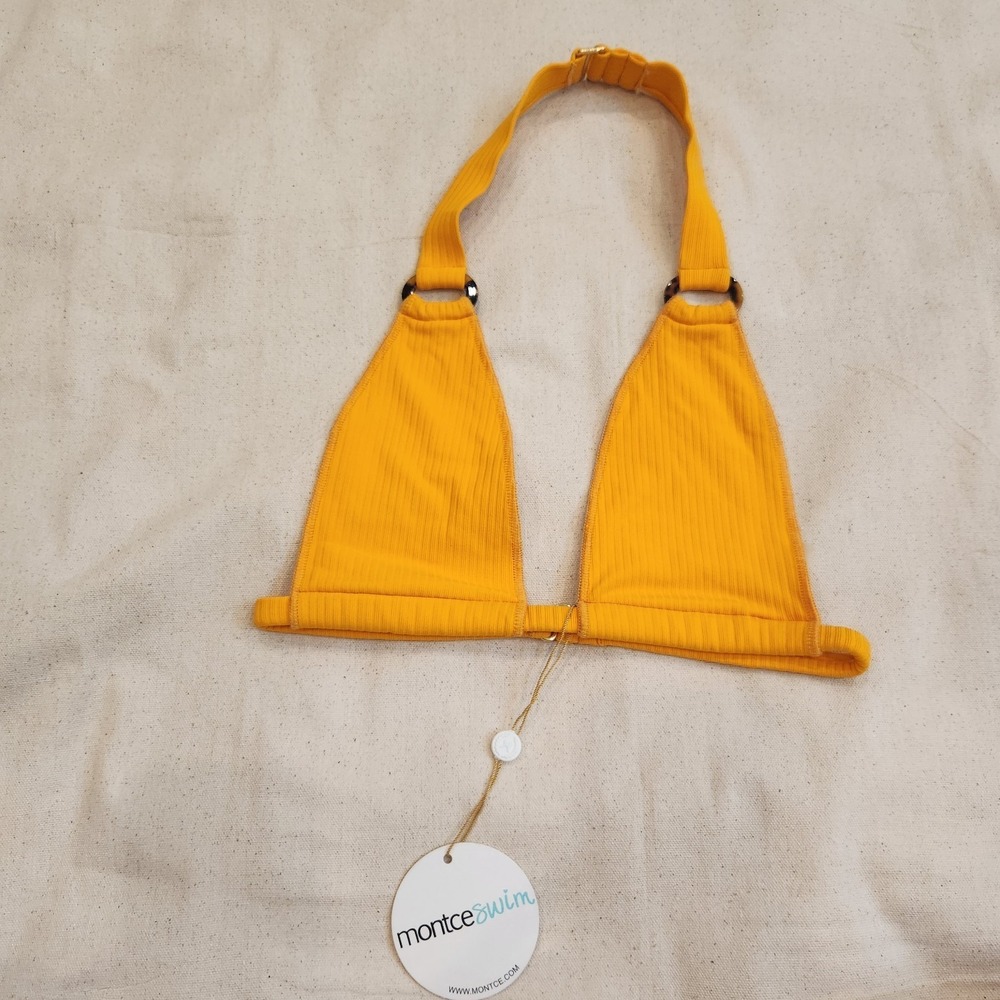 Montce Swim Lani Bikini Top Mango Rib Yellow Tortoiseshell Rings M Medium
